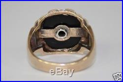 Vintage Art Deco Era 10K Yellow Gold Mens Ring with Onyx Diamond c1930s Sz 11