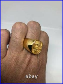 Vintage Art Deco Gothic 10k Yellow Gold Over Skull Rock and Roll Star Men's Ring