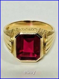 Vintage Art Deco Men's Lab-Created Ring 14K Yellow Gold Finish 4Ct Red Ruby