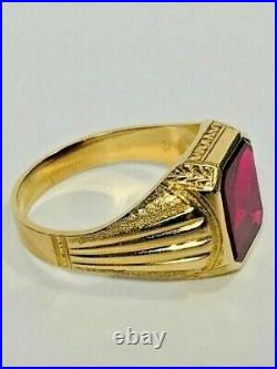 Vintage Art Deco Men's Ring 14K Yellow Gold Plated 3Ct Lab-Created Red Ruby