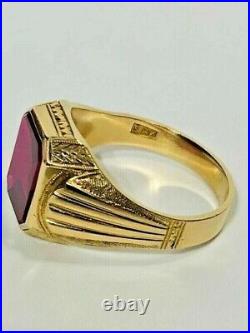 Vintage Art Deco Men's Ring 14K Yellow Gold Plated 4Ct Lab-Created Red Ruby