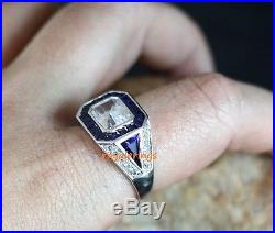 Vintage Art Deco Men's White & Blue Sapphire Engagment Wedding 925 Silver Ring
