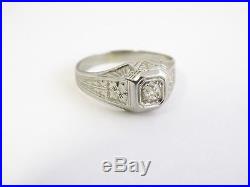 Vintage Art Deco Mens 18k White Gold Old Mine Cut Diamond Ring. 35 Ct Sz 9.25