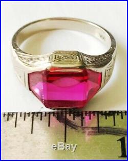 Vintage Art Deco Style Men's White Gold Ring with Ruby Red Stone 14K 7.3 Grams