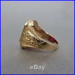 Vintage BOLD & ORNATE 9K Gold Mens Substantial SYNTHETIC RUBY RING Size X