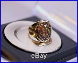 Vintage Black Fire Australian Opal Men's 14K Gold Ring Heavy 15 Gr. Size 8.5