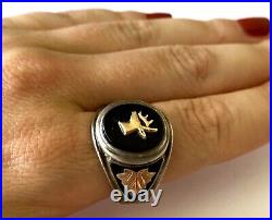 Vintage Black Hills Gold 12K Gold Leaf Elk Sterling Silver Mens Ring Black Onyx