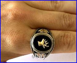 Vintage Black Hills Gold 12K Gold Leaf Elk Sterling Silver Mens Ring Black Onyx