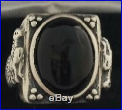 Vintage Black Onyx Sterling Silver Dragon Mens Ring or Large Womens Sz 9