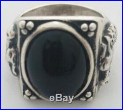 Vintage Black Onyx Sterling Silver Dragon Mens Ring or Large Womens Sz 9