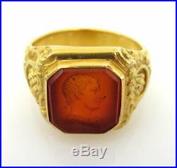 Vintage Carnelian Gemstone Intaglio & 14K Yellow Gold Men's Ring Size 11