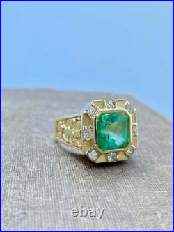 Vintage Colombian Emerald Men's Ring in 18K Yellow Gold Over Diamond 7.20 Ct