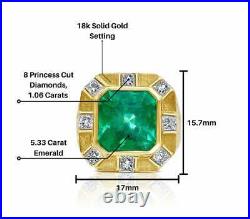Vintage Colombian Emerald Men's Ring in 18K Yellow Gold Over Diamond 7.20 Ct