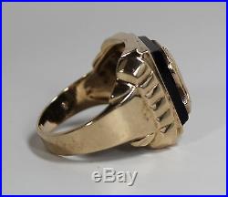 Vintage Deco Mens 10K Yellow Gold Ring Black Onyx w Gold Roman Appliques'40s