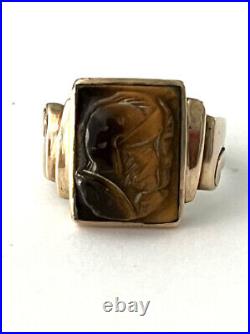 Vintage Deco Mens Ring, Tiger Eye Cameo, 10kt Gold