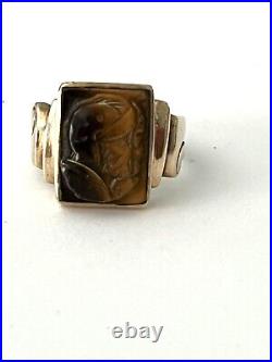 Vintage Deco Mens Ring, Tiger Eye Cameo, 10kt Gold
