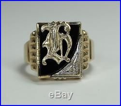Vintage Deco Signed Mens 10k Yellow White Gold Ring Black Onyx H & Diamond 1930s