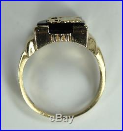 Vintage Deco Signed Mens 10k Yellow White Gold Ring Black Onyx H & Diamond 1930s