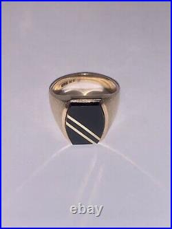 Vintage Designer Solid 10K Gold Hexagon Onyx Gold Stripe Signet Ring Size 7.75