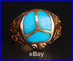 Vintage Egyptian Men Scarab Signet Ring solid 18K Gold Turquoise US 10.5 /11 gr