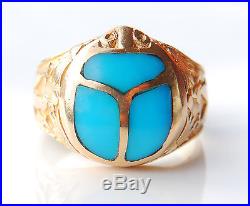Vintage Egyptian Men Scarab Signet Ring solid 18K Gold Turquoise US 10.5 /11 gr