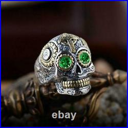Vintage Emerald 18K Two-Tone Over Ring Engraving Cross Skull Ghost Head Ring