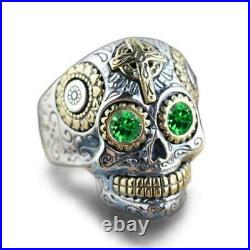 Vintage Emerald 18K Two-Tone Over Ring Engraving Cross Skull Ghost Head Ring