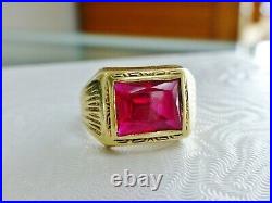 Vintage Emerald Cut Ruby East West Ring Men's 10K Yellow Gold Pinky Ring