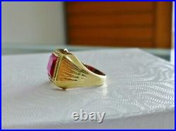 Vintage Emerald Cut Ruby East West Ring Men's 10K Yellow Gold Pinky Ring