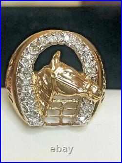 Vintage Estate 10k Gold Diamond Rings Men's Lucky Horse Band 3-d 1960 Signed CM