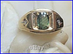 Vintage Estate 10k Gold Green Quartz & Diamond Ring Men's Band Gemstone