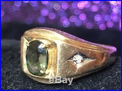 Vintage Estate 10k Gold Green Quartz & Diamond Ring Men's Band Gemstone