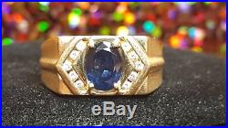 Vintage Estate 14k Gold Genuine Blue Sapphire & Diamond Mans Ring Signed Nei
