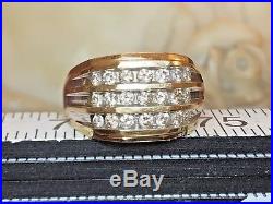 Vintage Estate 14k Gold Genuine Diamond Men's Wedding Band Ring Triple Row Bar
