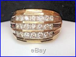 Vintage Estate 14k Gold Genuine Diamond Men's Wedding Band Ring Triple Row Bar