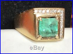 Vintage Estate 14k Gold Genuine Natural Emerald & Diamond Men's Ring 2.3 Cts
