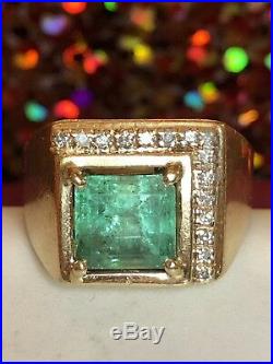 Vintage Estate 14k Gold Genuine Natural Emerald & Diamond Men's Ring 2.3 Cts