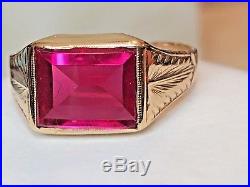 Vintage Estate 14k Gold Pink Sapphire Art Deco Men's Ring Milgrain Detailing