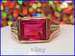 Vintage Estate 14k Gold Pink Sapphire Art Deco Men's Ring Milgrain Detailing