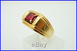 Vintage Estate 14k Yellow Gold 1 Carat Emerald Cut Ruby Mens Ring Size 8