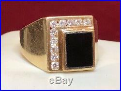 Vintage Estate 14k Yellow Gold Natural Diamond Black Onyx Ring Band Men's