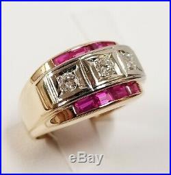 Vintage Estate 14k Yellow Gold Ruby 0.60 ctw & Diamond 0.30 ctw Men's Band Ring