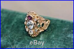 Vintage Estate 14k euro diamond Ruby aquamarine emerald Huge Mens ring sz 10
