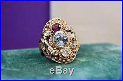 Vintage Estate 14k euro diamond Ruby aquamarine emerald Huge Mens ring sz 10