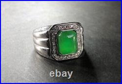 Vintage Estate Men's Ring Emerald Green JADEITE JADE White Topaz Sterling Silver