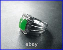 Vintage Estate Men's Ring Emerald Green JADEITE JADE White Topaz Sterling Silver