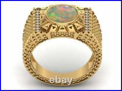 Vintage Ethiopian Opal & Diamond Men's Engagement Ring in 10K Yellow Gold Over
