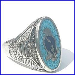 Vintage G&S Gordon & Smith Silver Plate Inlay Turquoise Eagle Biker Ring Size 14