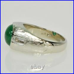 Vintage Gents Mens Textured 14k White Gold Cabochon Emerald Diamond Estate Ring