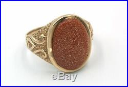 Vintage Gents/mens 9ct yellow gold ornate oval Goldstone Ring, Size O, 4.5g